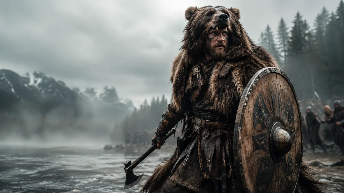 Wikinger-Berserker in Bärenfell mit Schild – Bärenkrieger im Kampfrausch, nordisch-mythologische Darstellung