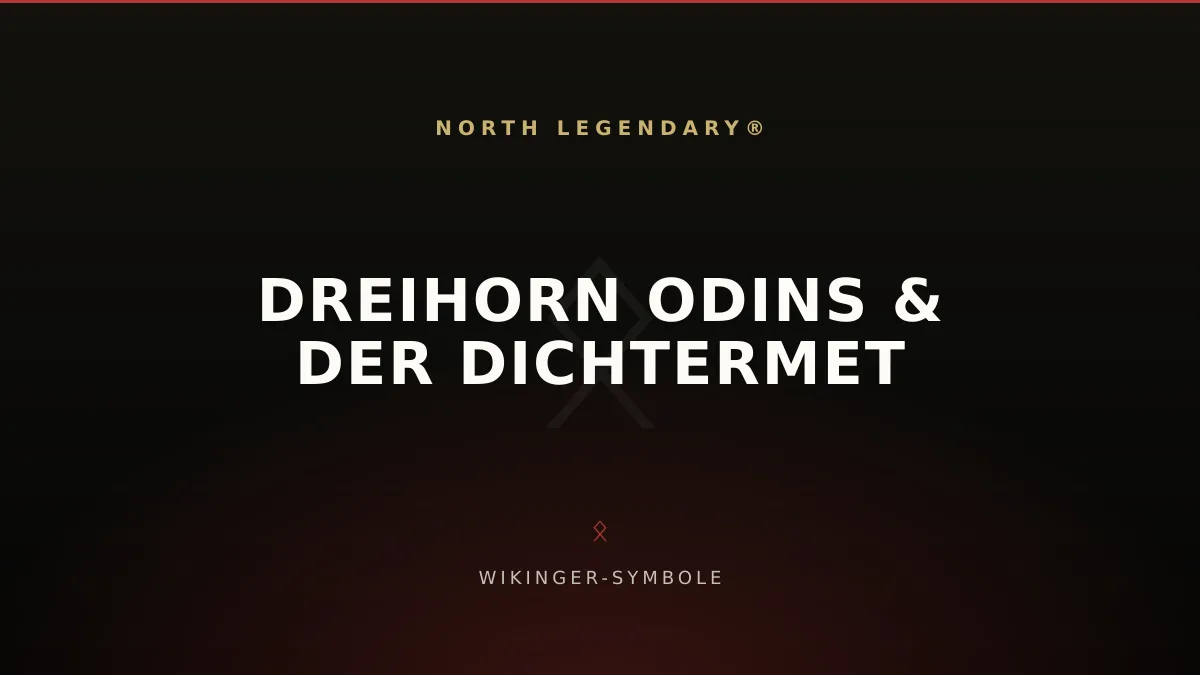 Triskele aus drei verschlungenen Trinkhörnern, das sogenannte Dreihorn Odins, daneben Odin als Adler mit dem Dichtermet