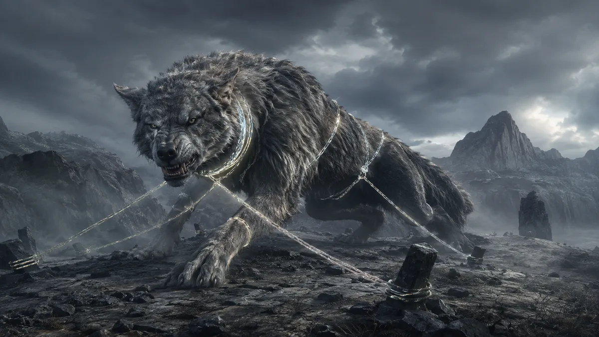 Fenrir, der gefesselte Fenriswolf, mit der Zwergenfessel Gleipnir um den Hals in nordischer Bildsteinkunst