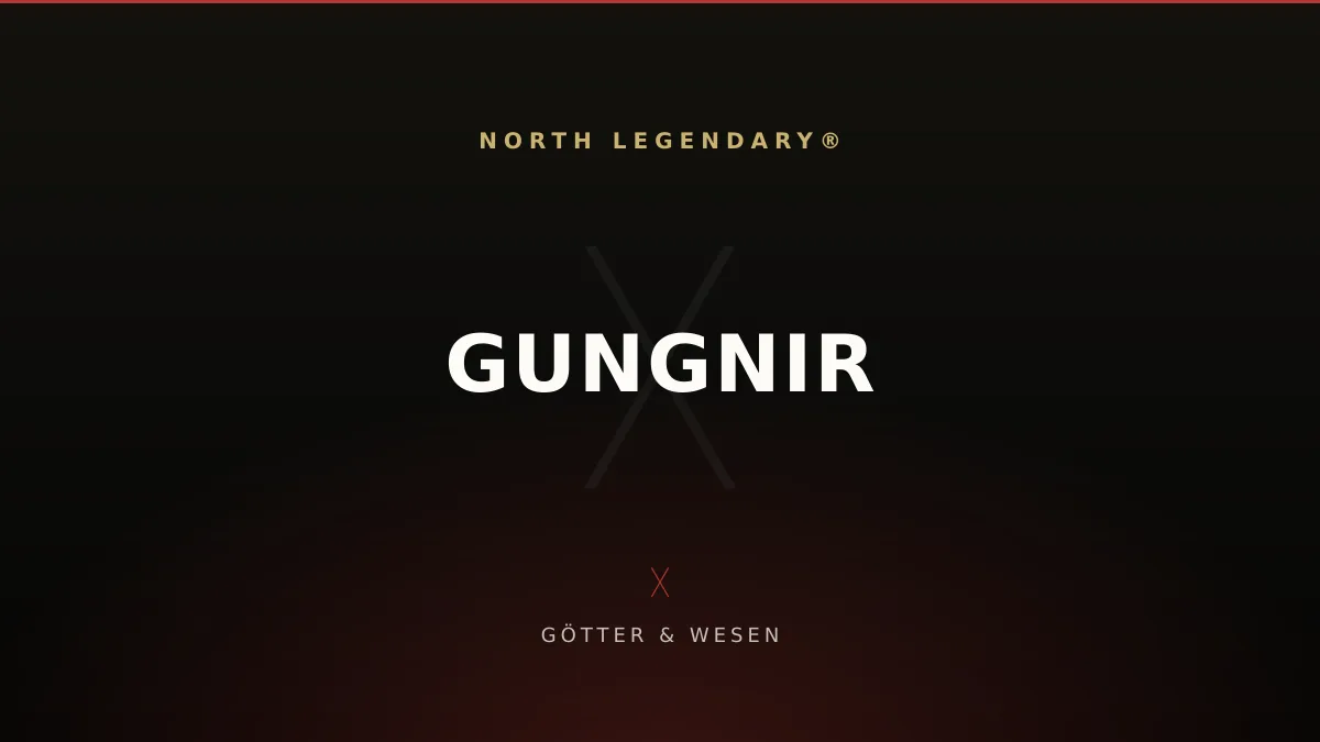 Gungnir, der Speer Odins, mit eingeritzten Runen an der Spitze vor dunklem nordischem Hintergrund
