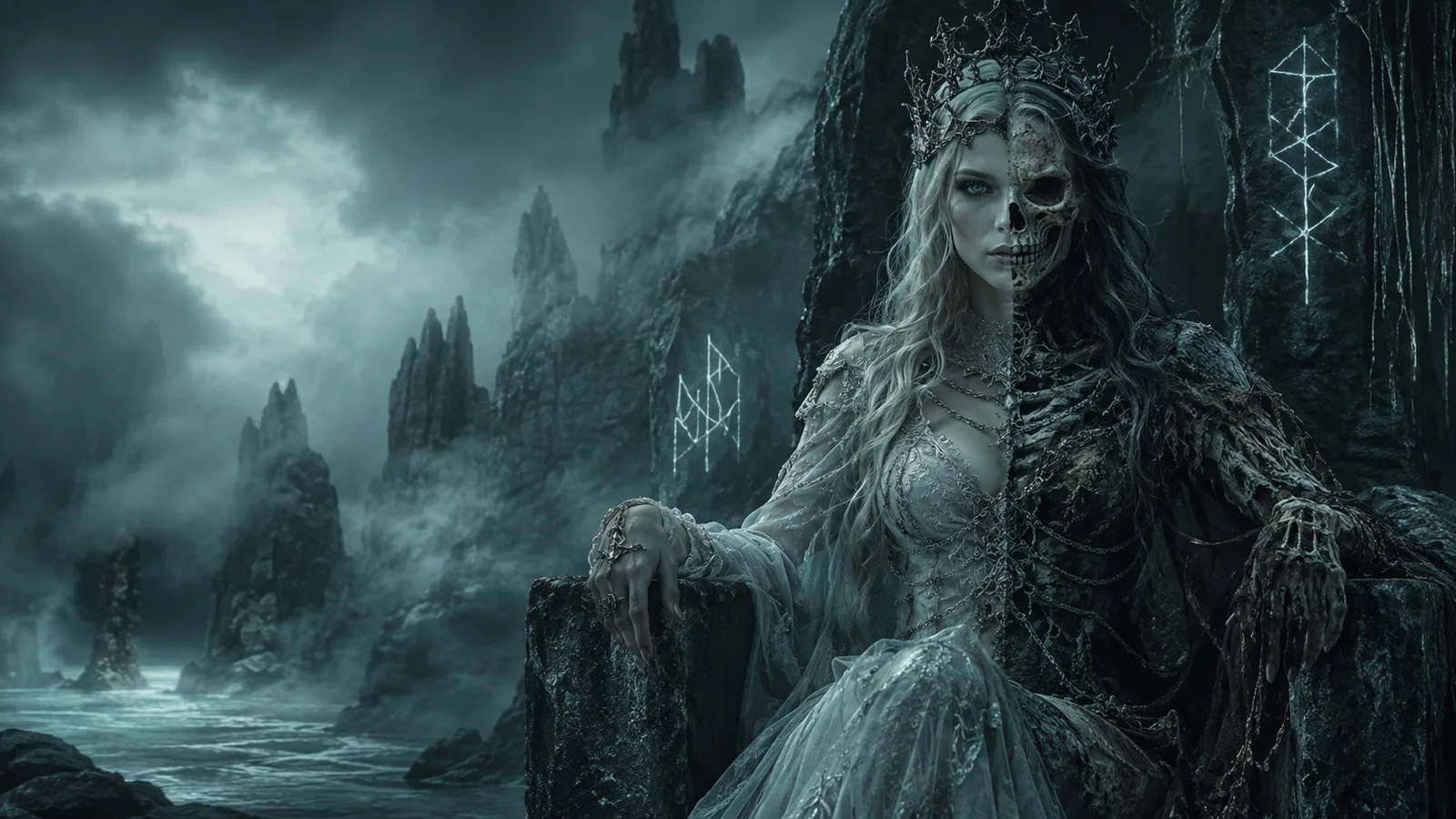 Die halb lebende, halb tote Göttin Hel auf ihrem Thron im düsteren Totenreich Helheim, umgeben von Nebel und Runen