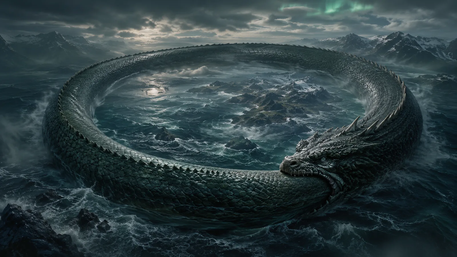 Jörmungandr, die Midgardschlange, umschlingt als gewaltige Weltenschlange den Erdkreis und beißt sich in den eigenen Schwanz
