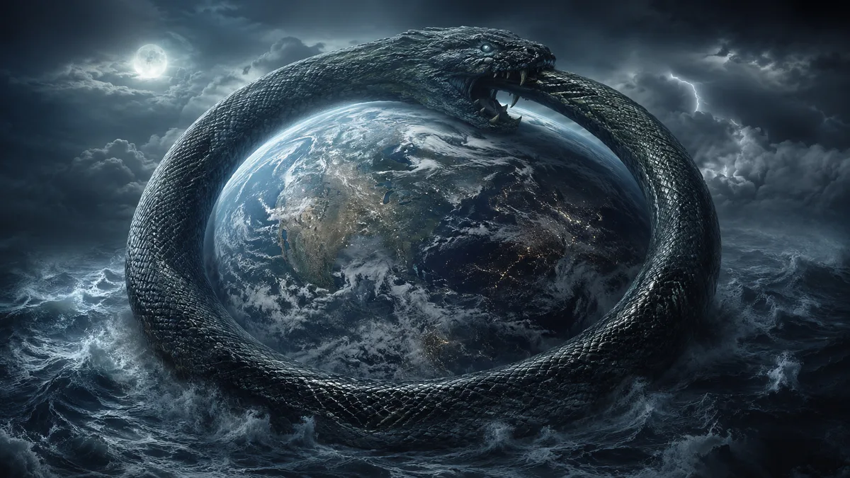 Jörmungandr, die Midgardschlange, umschlingt als gewaltige Weltenschlange den Erdkreis und beißt sich in den eigenen Schwanz