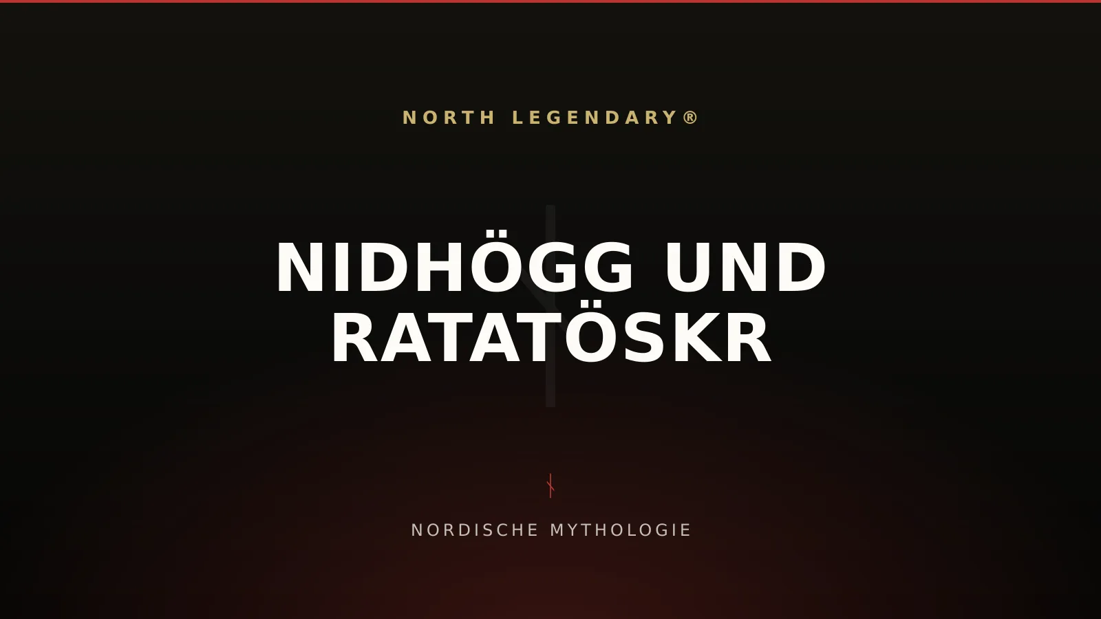 Eichhörnchen Ratatöskr läuft am Stamm der Weltenesche Yggdrasil, unten der Drache Nidhögg an der Wurzel