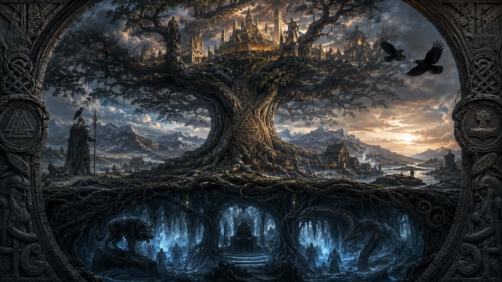 Nordische Mythologie im Überblick – Weltenbaum Yggdrasil mit Asgard, Midgard und Unterwelt im Runenstein-Stil, Götter und Raben in der Dämmerung