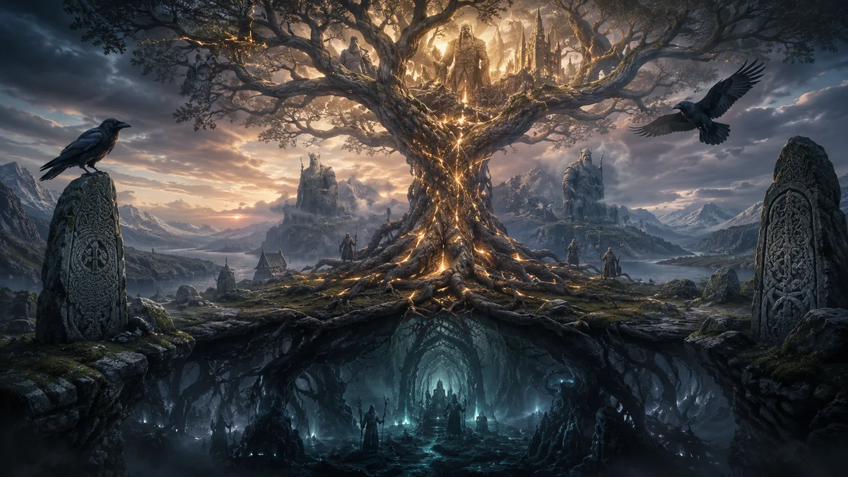 Nordische Mythologie im Überblick – Weltenbaum Yggdrasil mit Asgard, Midgard und Unterwelt im Runenstein-Stil, Götter und Raben in der Dämmerung