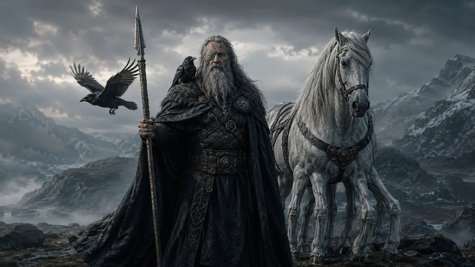 Odin als einäugiger Allvater mit Speer Gungnir, den Raben Hugin und Munin und dem achtbeinigen Sleipnir