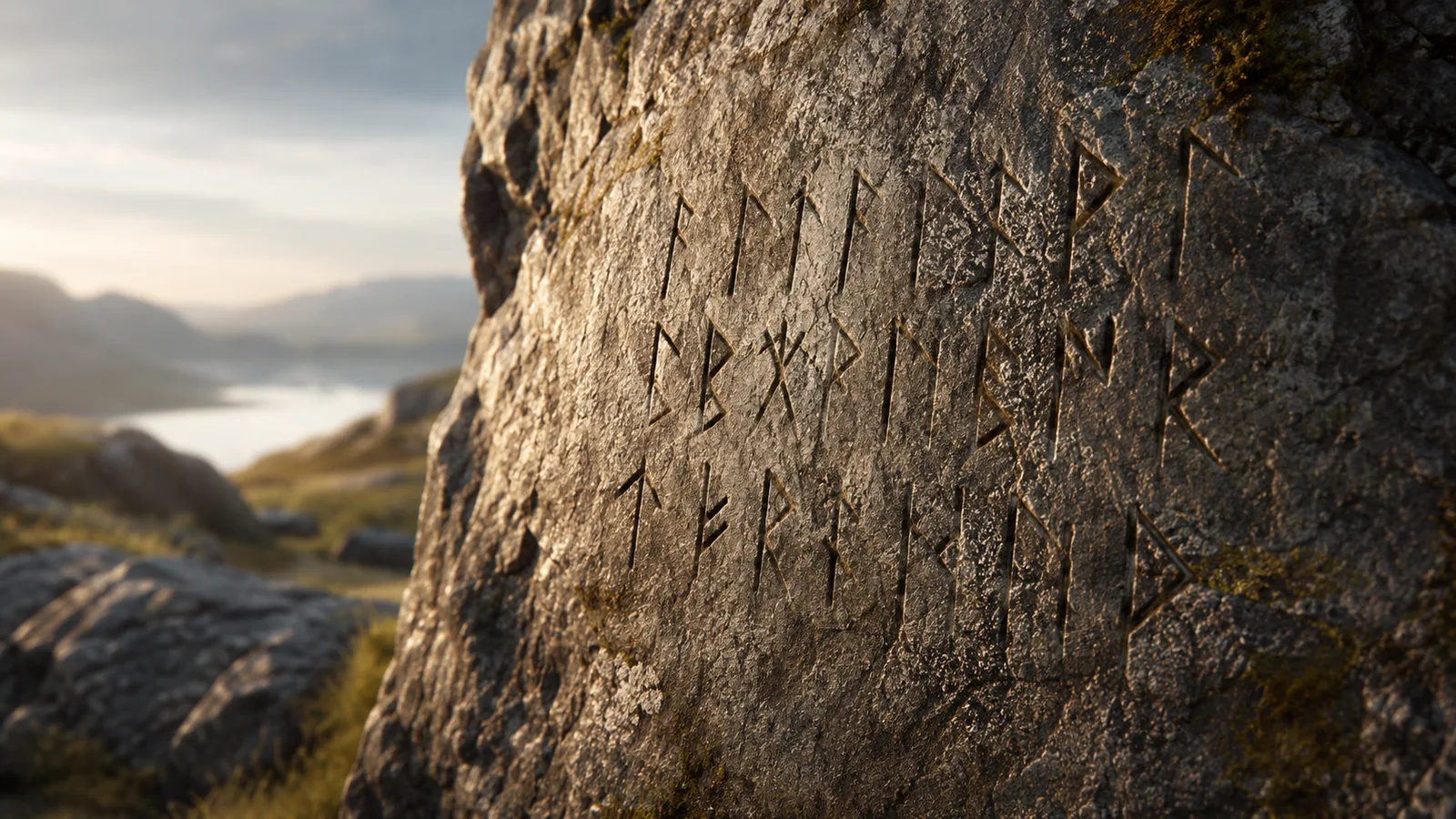 Runen des Älteren Futhark in einen verwitterten Stein geritzt, schräges Morgenlicht hebt die scharfkantigen Zeichen hervor