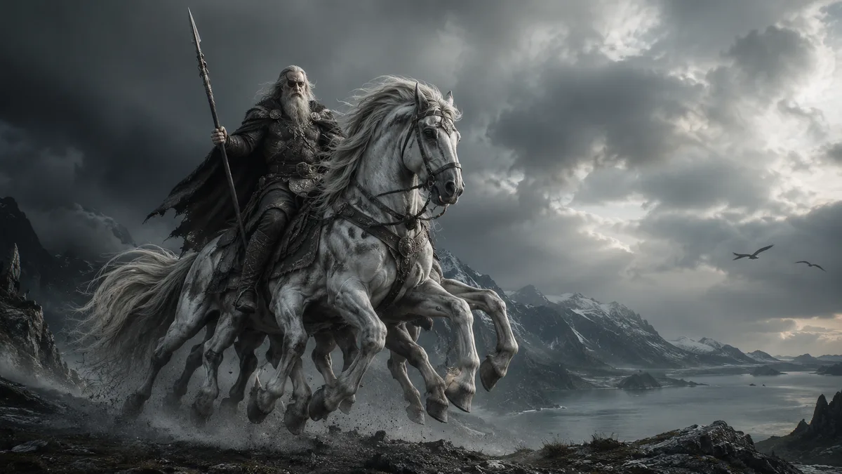 Achtbeiniges Pferd Sleipnir mit Reiter Odin, Motiv im Stil der Gotland-Bildsteine