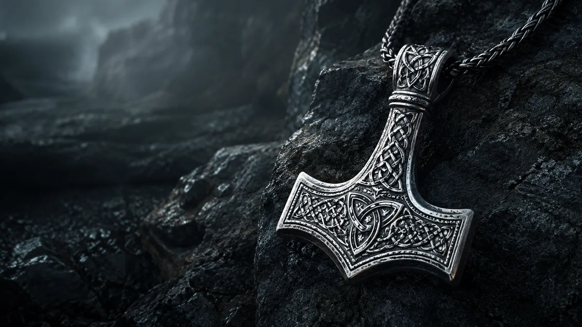 Thors Hammer Mjölnir aus Silber mit Knotenmuster – nordisches Schutzzeichen vor dunklem Stein