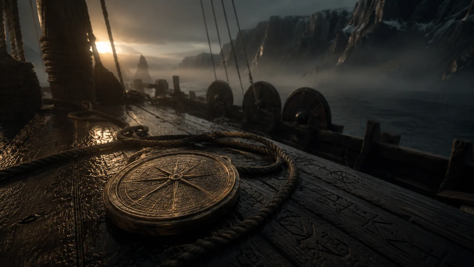 Vegvisir – Kompass-Disk auf Wikinger-Schiffsdeck im Morgennebel, eingravierte Runen daneben