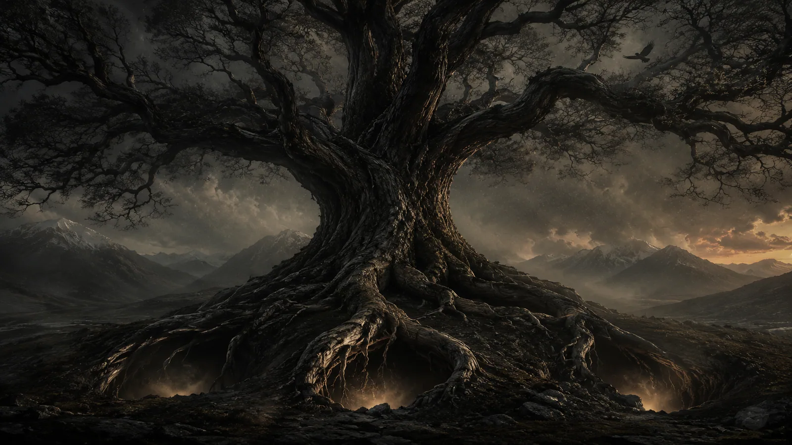 Yggdrasil – mächtige Esche mit drei Wurzelsystemen, glühende Höhlen am Boden, nordische Bergkulisse in der Dämmerung