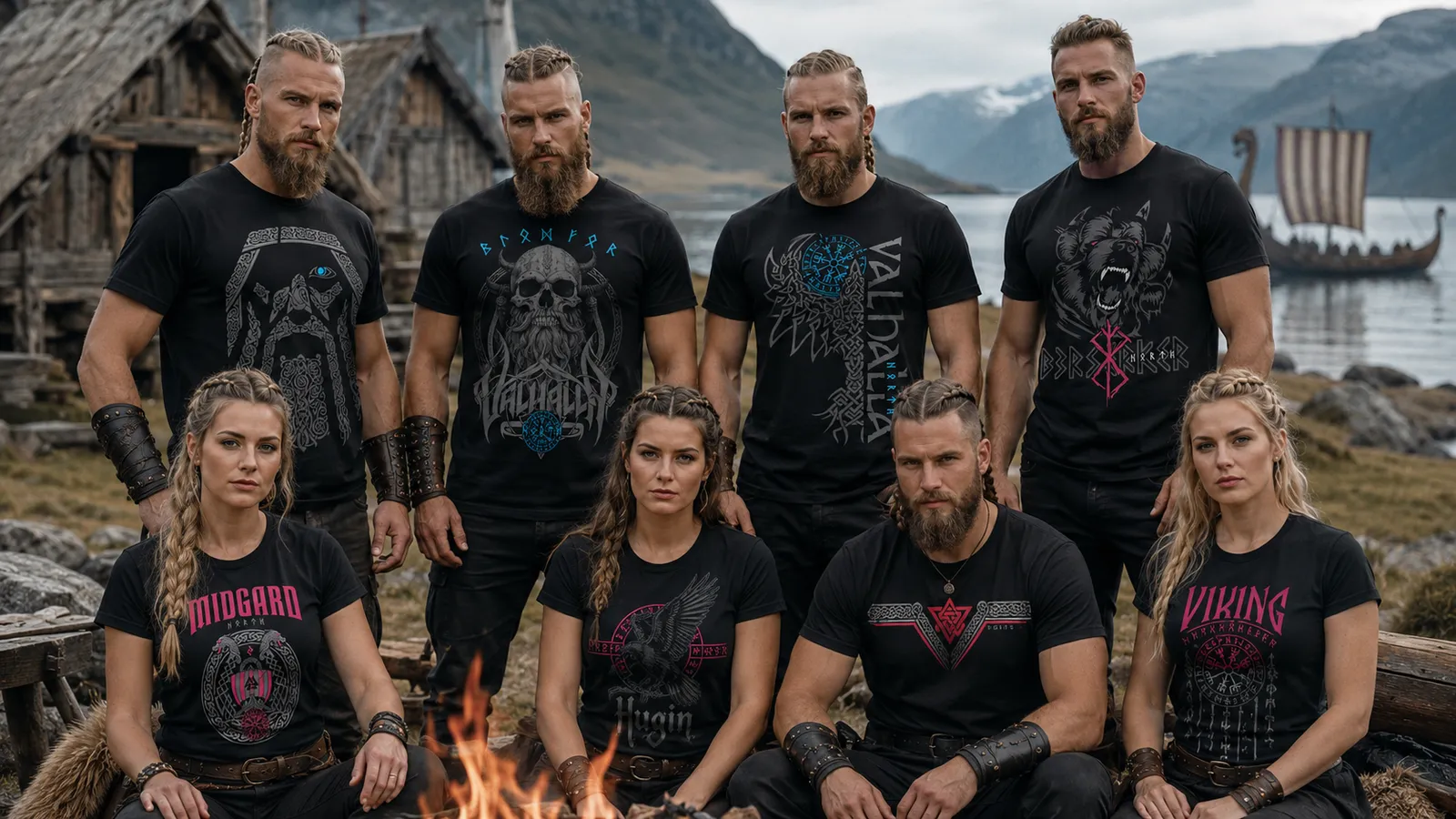 Die North Legendary Sippe in Wikinger T-Shirts vor einem Fjord-Dorf mit Drachenboot
