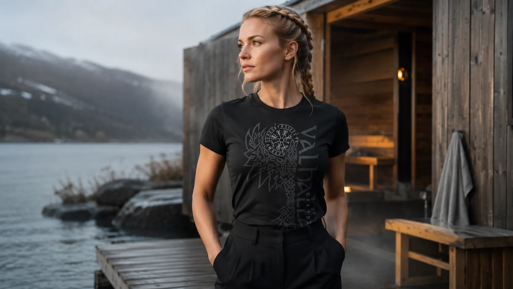 Phönix Wikinger T-Shirt Damen – Rabe aus Knotenwerk mit Vegvísir-Runenkompass und Valhalla-Schriftzug in Silbergrau