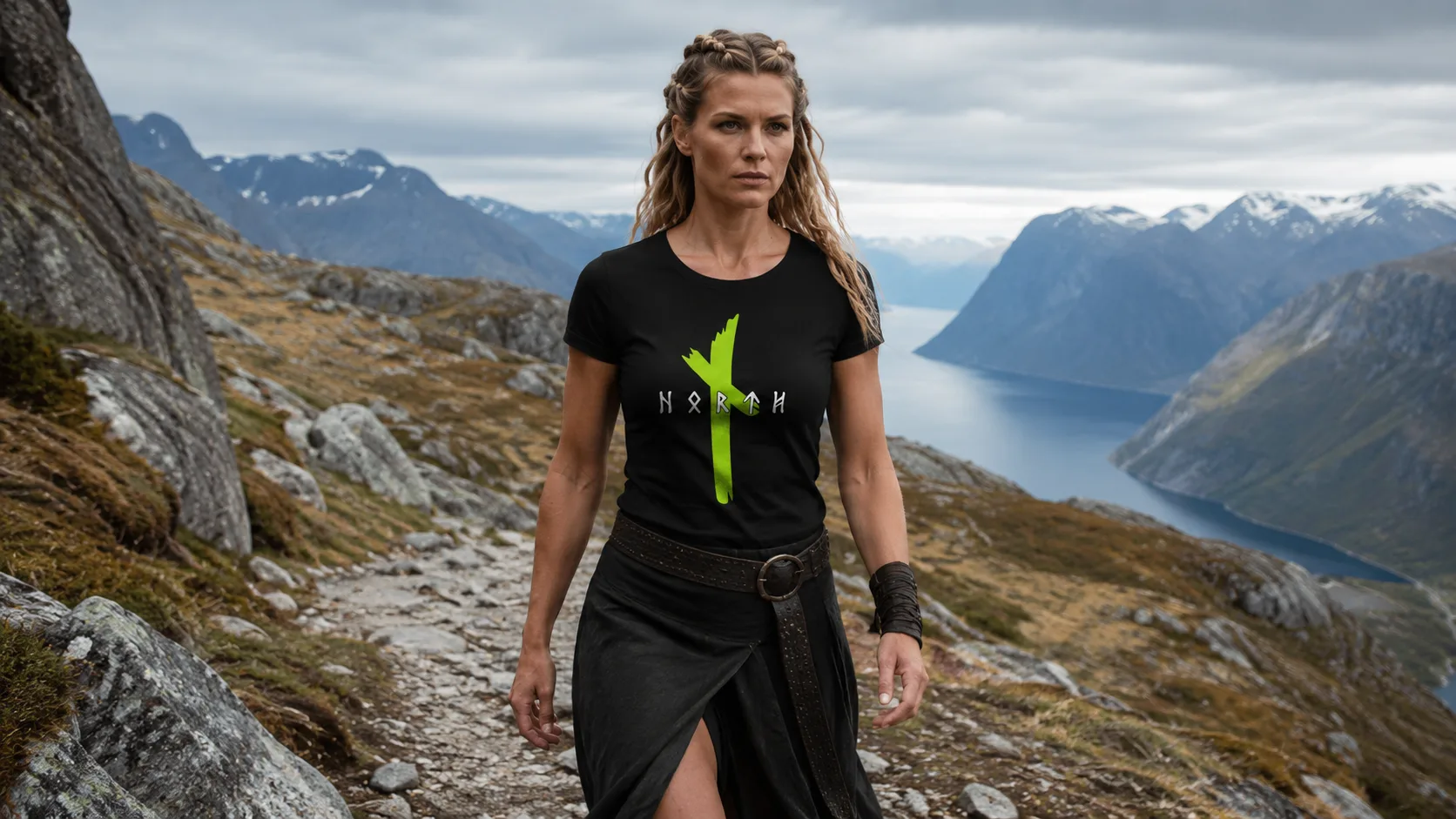 North Rune Wikinger T-Shirt Damen – handgemalter Runenstrich mit Schriftzug NORTH in Runenlettern auf taillierter Passform