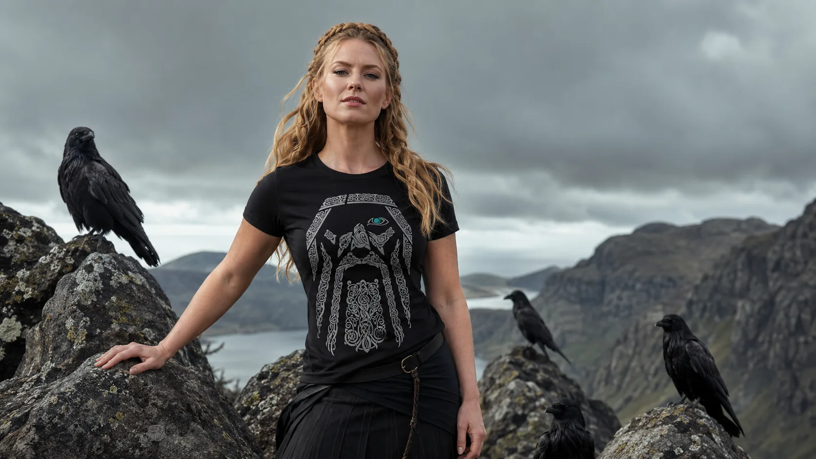 Odin Wikinger T-Shirt Damen – Antlitz des Allvaters als nordisches Knotenwerk mit Helmbraue und langem geflochtenem Bart
