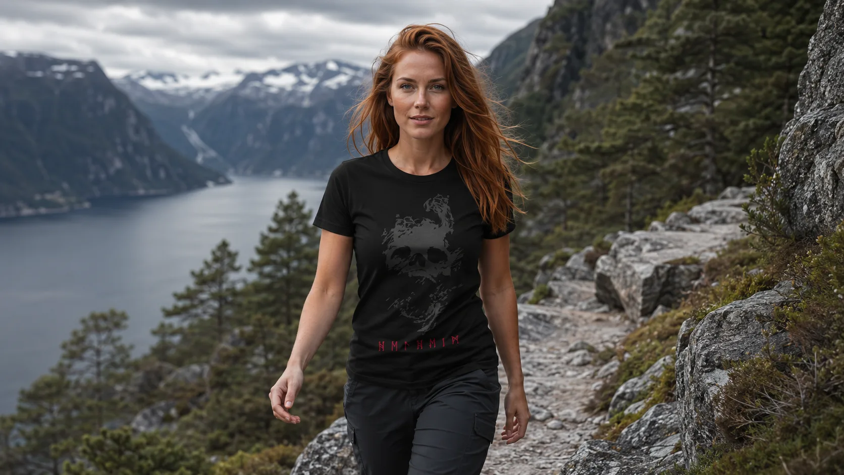 Helheim Wikinger T-Shirt Damen – Göttin Hel als halb klares, halb zerfallendes Antlitz mit Runenschriftzug