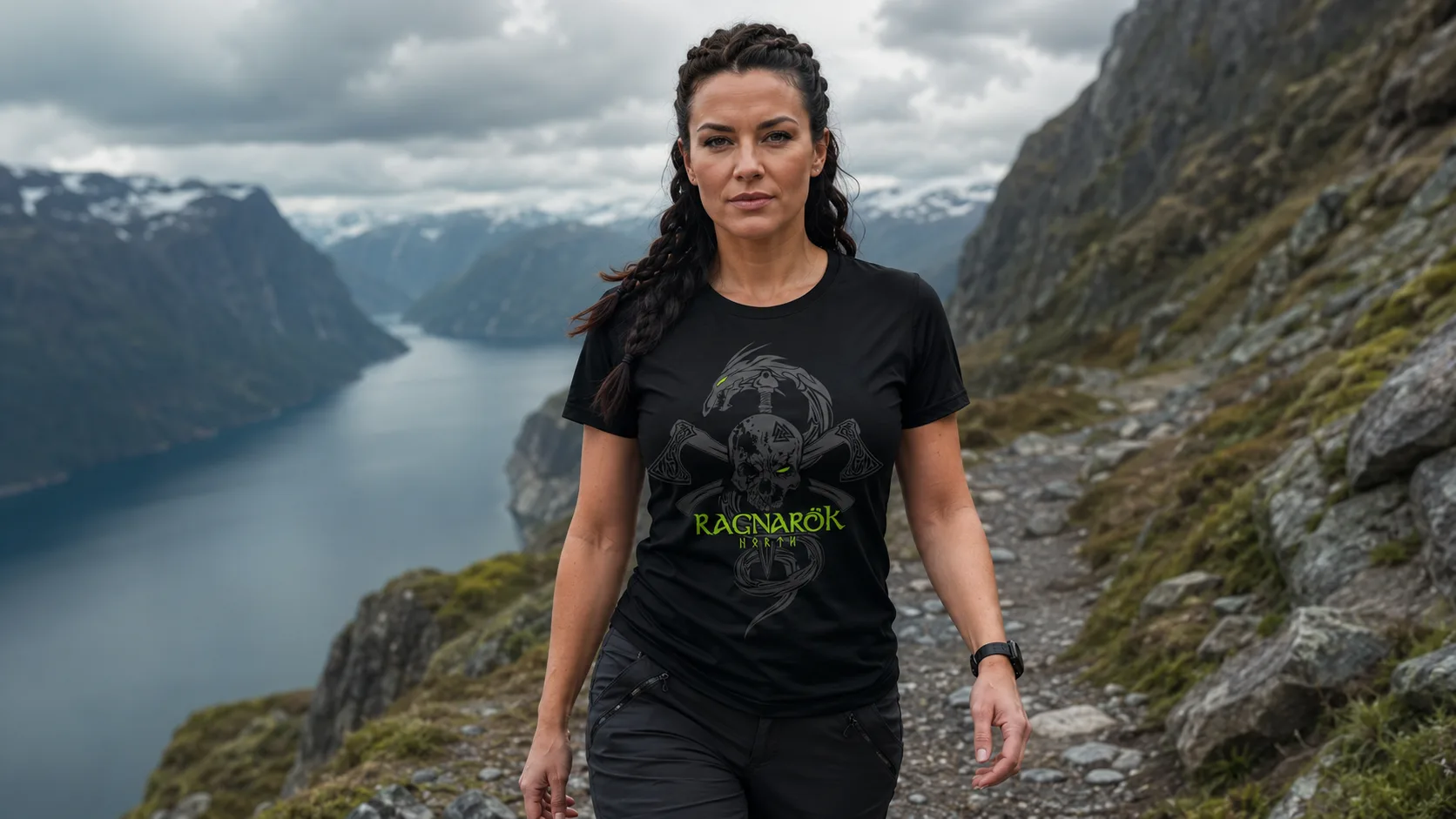 Ragnarök Wikinger T-Shirt Damen – Schädel mit Schwert, gekreuzte Äxte und umschlingende Schlange als Zeichen der Wiedergeburt