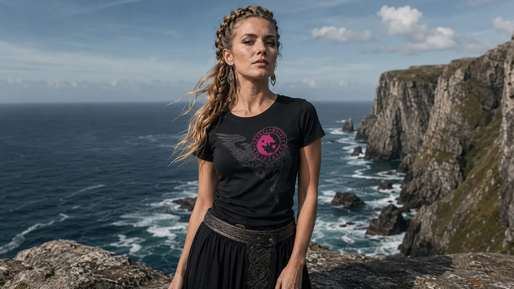 Hati & Skalli Wikinger T-Shirt Damen – zwei Wölfe jagen Sonne und Mond im Runenkreis, nordisches Motiv