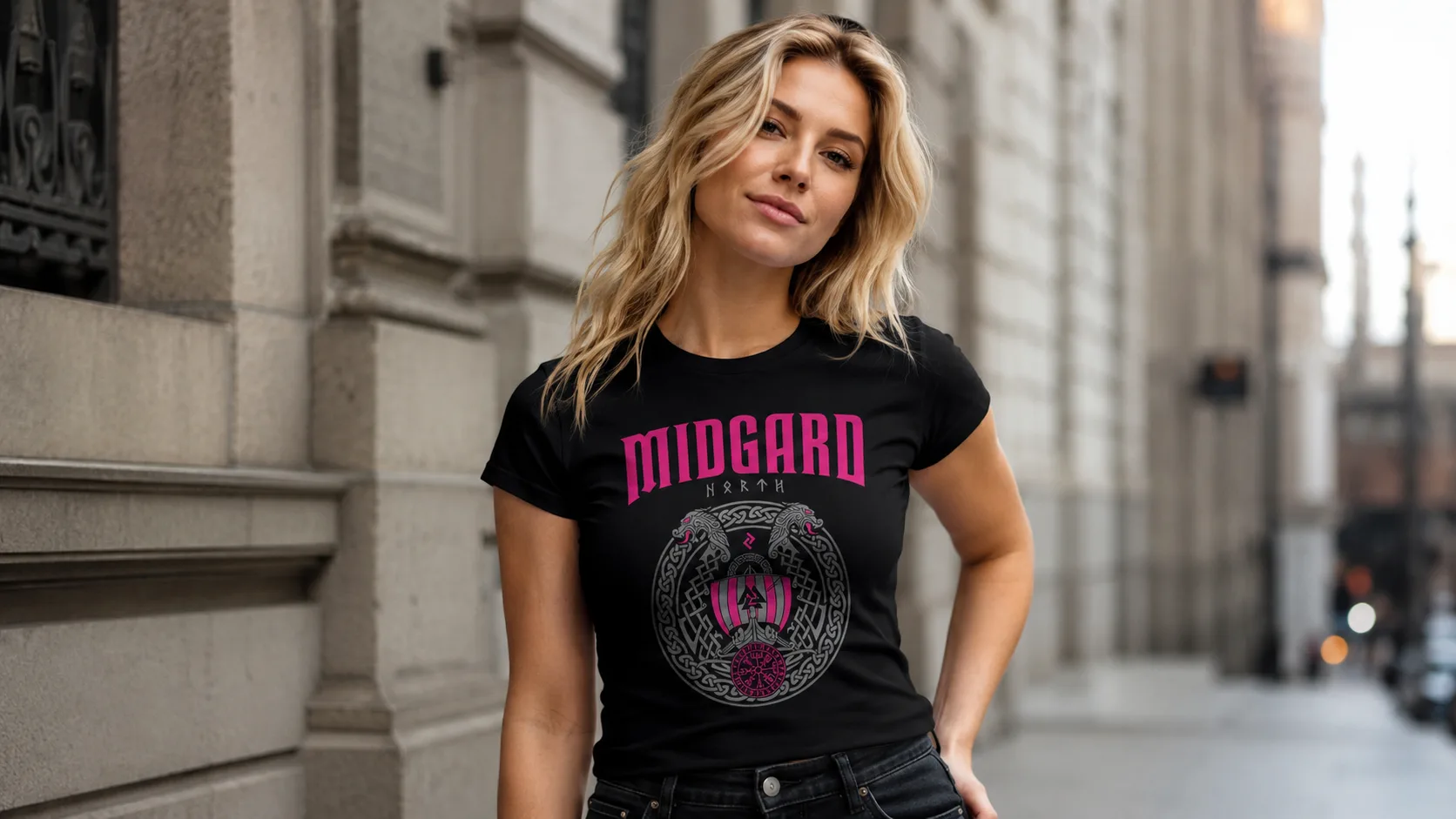 Midgard Wikinger T-Shirt Damen – rundes Knotenemblem aus zwei Drachenköpfen mit Langschiff und Vegvísir, Schriftzug Midgard mit Runen