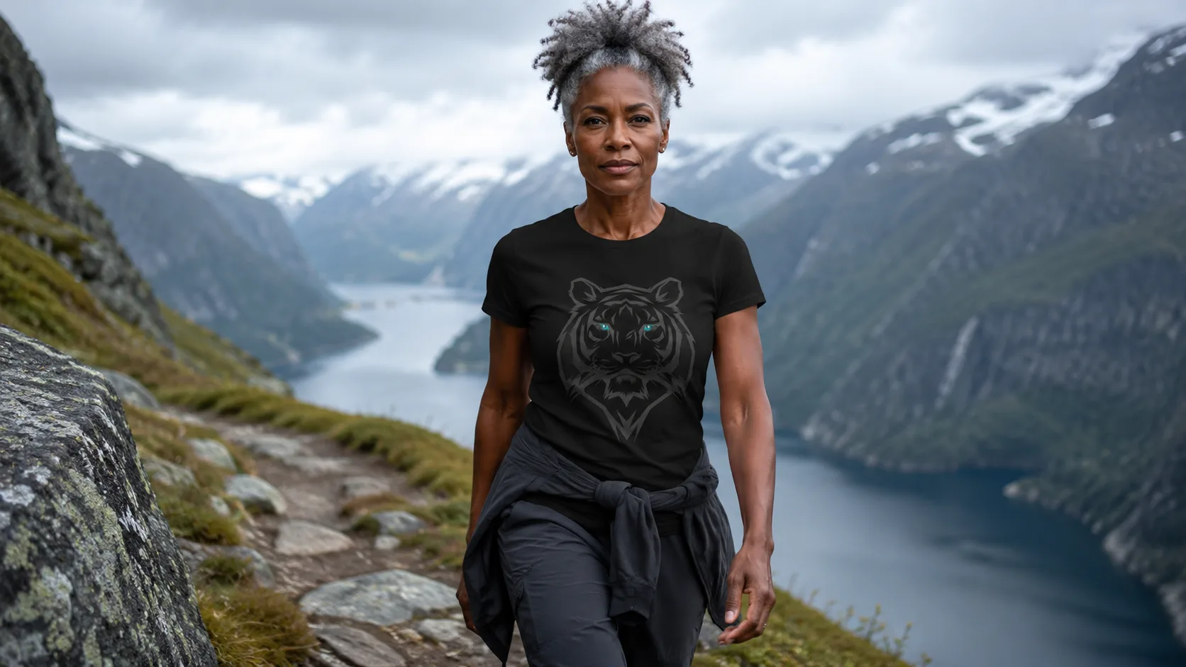 Tiger Wikinger T-Shirt Damen – frontale Raubkatze mit leuchtend blauen Augen in nordischer Linienführung