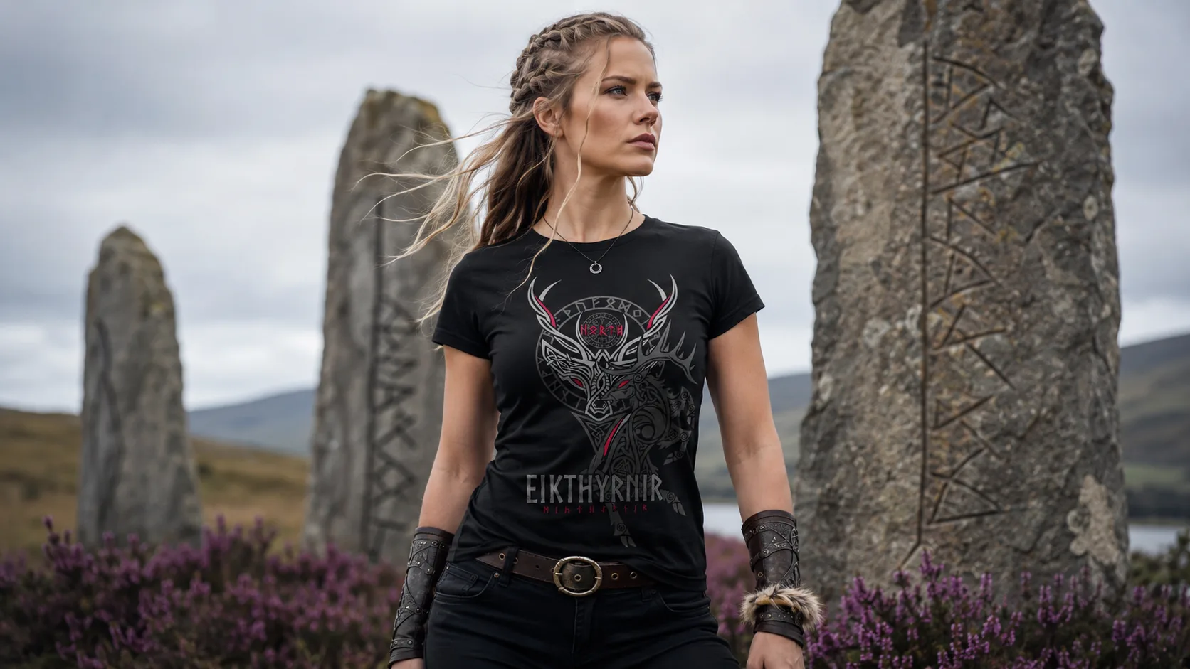 Eikþyrnir Wikinger T-Shirt Damen – Hirsch mit Geweih in silberner nordischer Linienführung auf dunklem Stoff