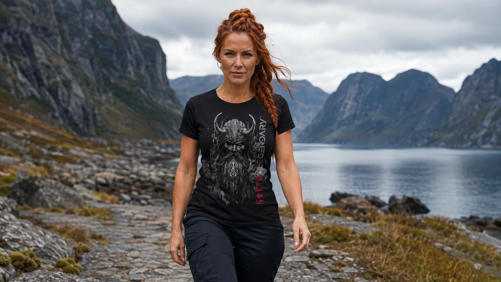 Odin Wikinger T-Shirt Damen – einäugiger Allvater mit Hörnerhelm und Runen in kontrastreicher Schwarz-Weiß-Tusche