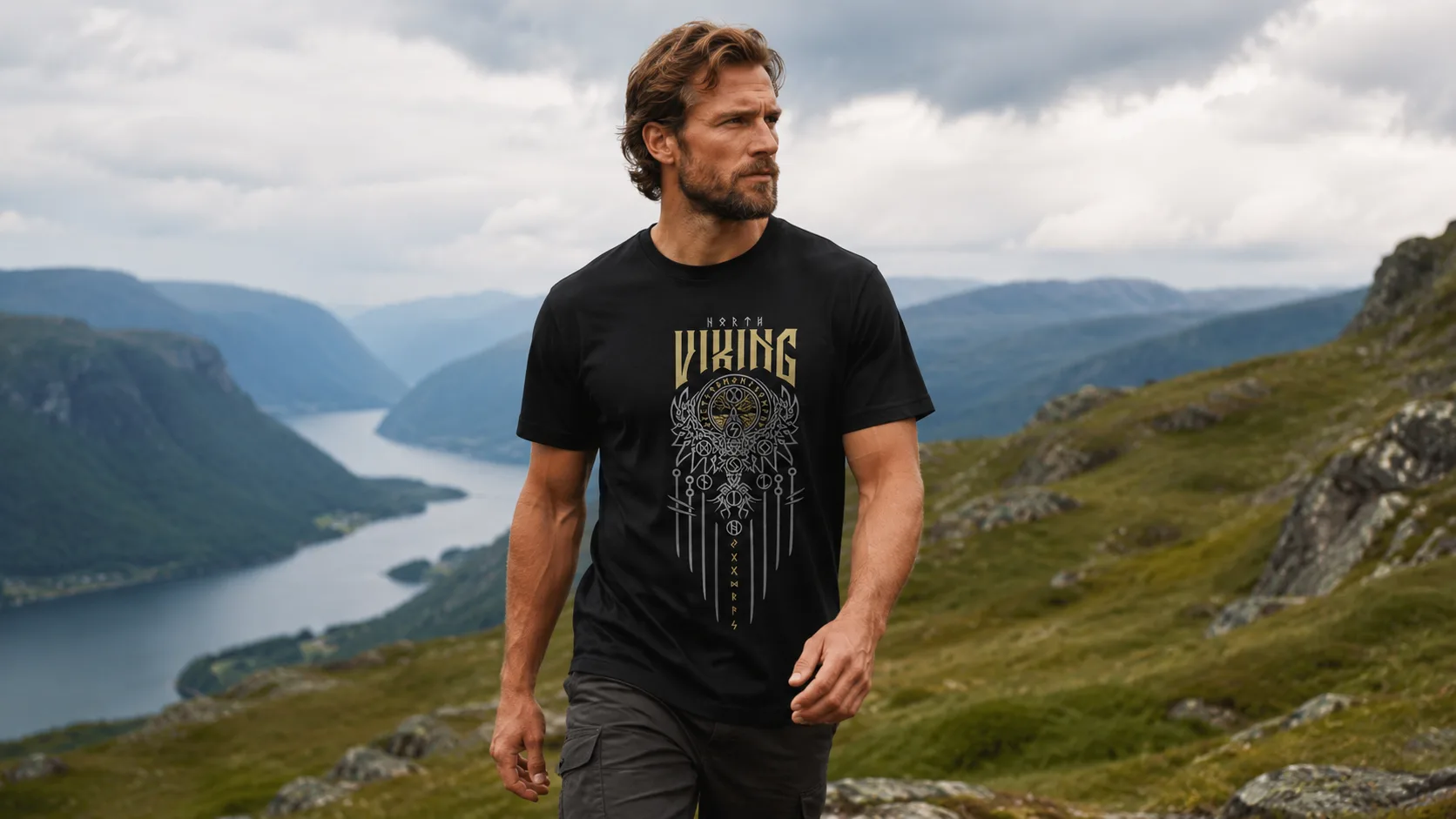 9 Welten Wikinger T-Shirt Herren – Yggdrasil-Medaillon mit Runenring und VIKING-Schriftzug im Gold-Silber-Schimmerdruck auf Schwarz