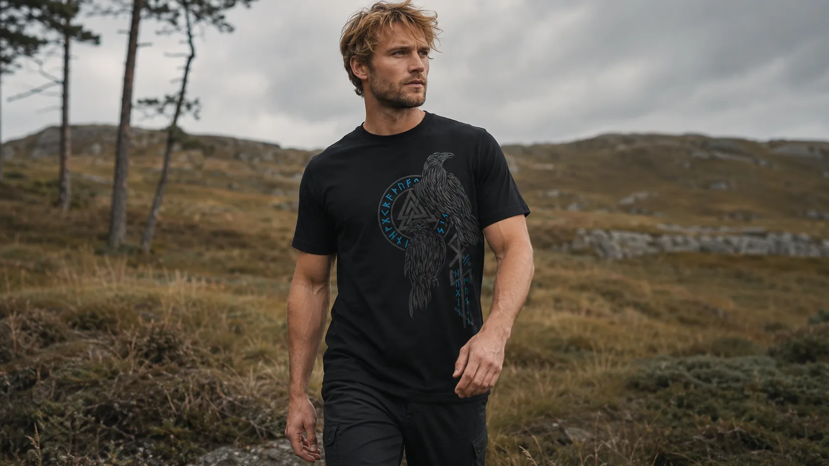 Hugin und Munin Wikinger T-Shirt Herren – Odins zwei Raben mit Runenring und Valknut