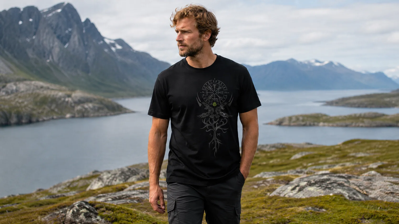 Vegvísir Wikinger T-Shirt Herren – Runenkompass mit Odins Raben und Yggdrasil