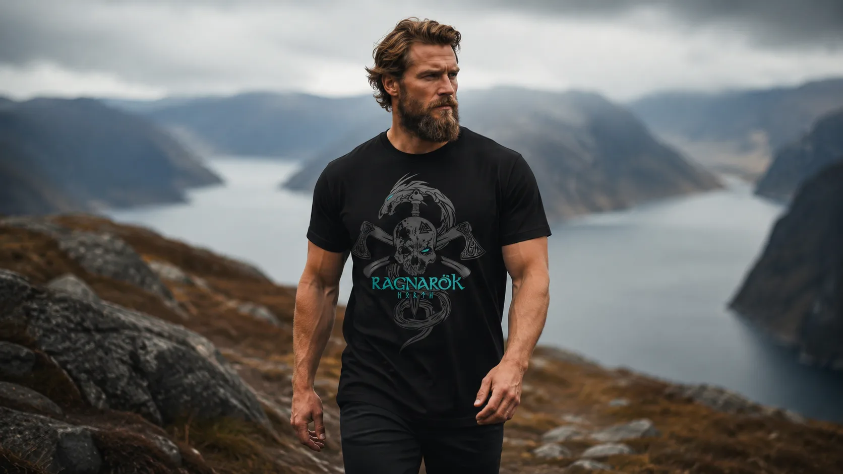 Ragnarök Wikinger T-Shirt Herren – gekrönter Schädel mit gekreuzten Äxten und Schlange in silbergrauer Linienführung