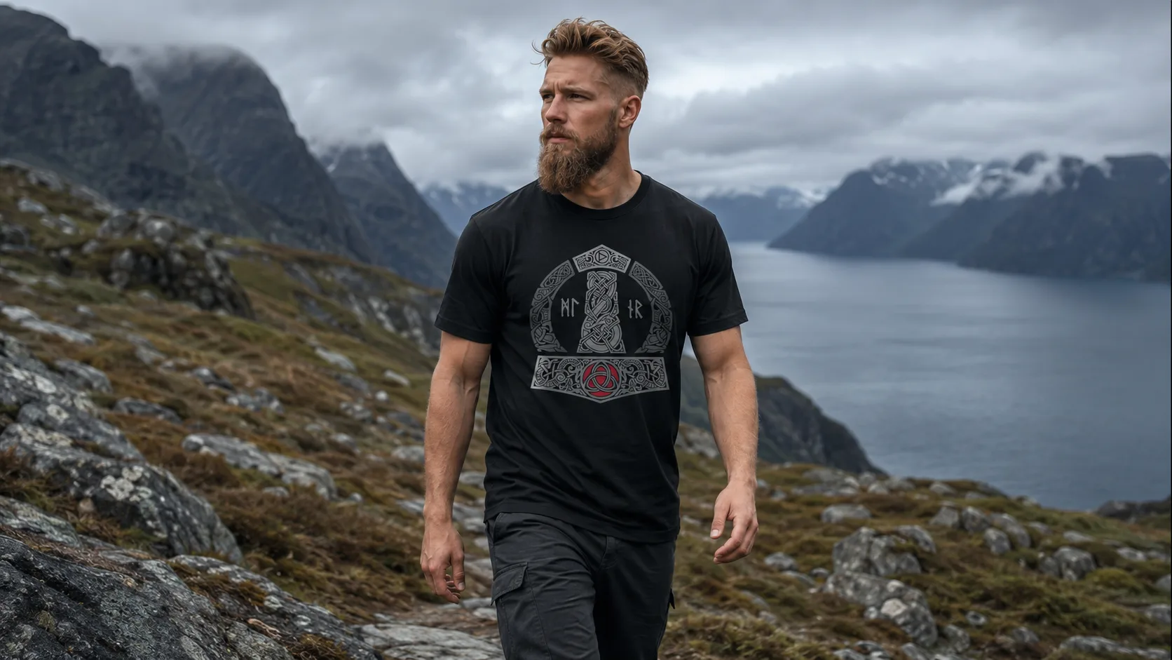 Mjölnir Wikinger T-Shirt Herren – Thors Hammer in silbernem nordischem Knotwerk mit Runen auf schwerem Baumwoll-Shirt