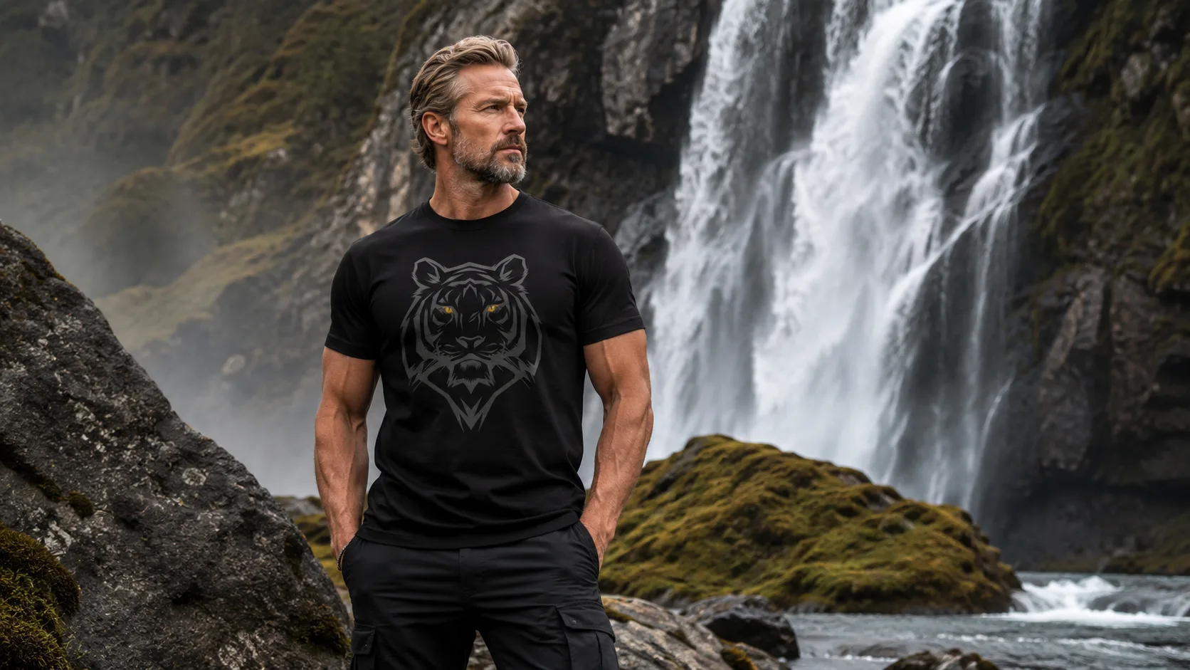 Freyas Katze Wikinger T-Shirt Herren – Raubkatzenkopf mit leuchtend blauen Augen in dunkler nordischer Linienführung
