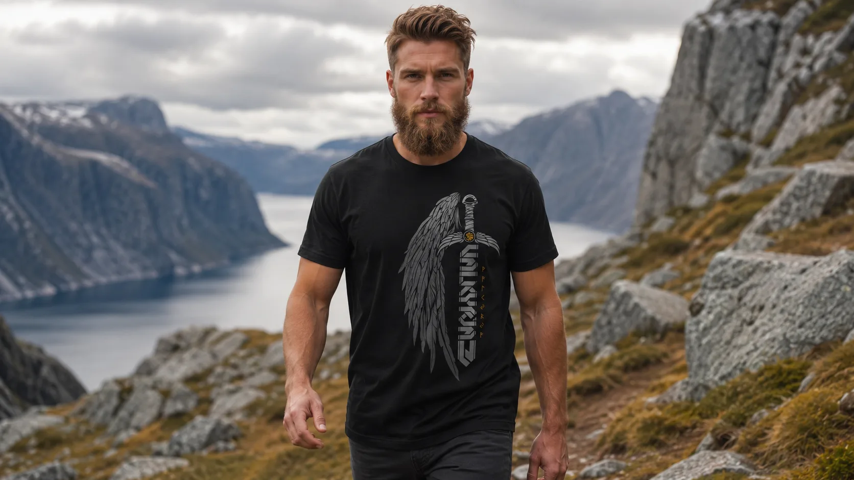 Walküre Wikinger T-Shirt Herren – silbergrauer Flügel mit runenverziertem Schwert und Runenschriftzug auf dunklem Stoff
