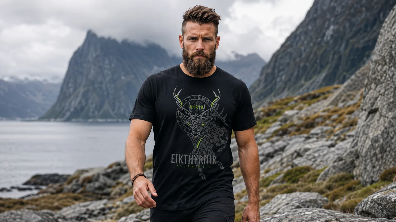 Eikþyrnir Wikinger T-Shirt Herren – majestätischer Hirsch mit Knotenwerk-Geweih über runischem Medaillon in silbrigem Grau