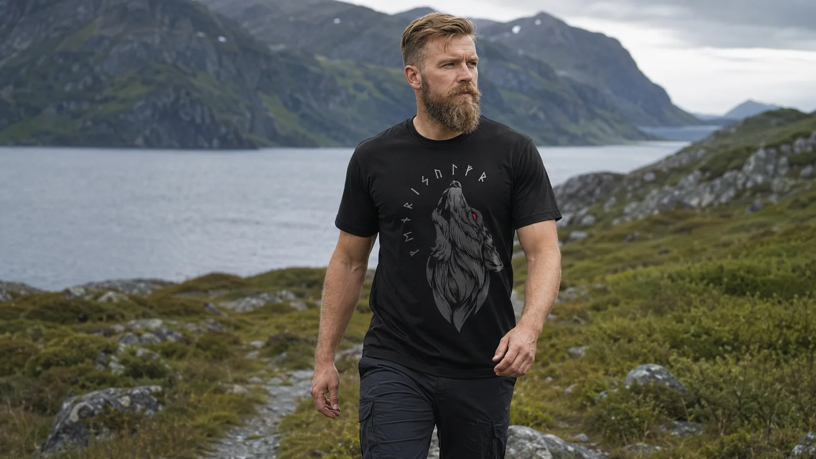 Fenrir Wikinger T-Shirt Herren – heulendes Wolfshaupt in Silbergrau mit Runenbogen auf rotem Shirt