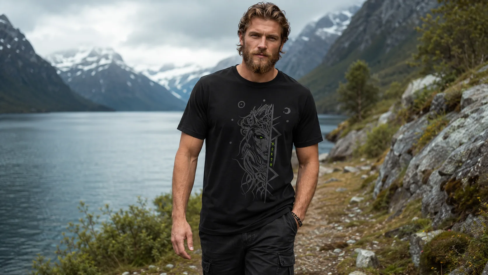 Freya Wikinger T-Shirt Herren – kronengeschmückte Göttin mit wallendem Haar, Runen und Himmelszeichen in nordischer Linienführung