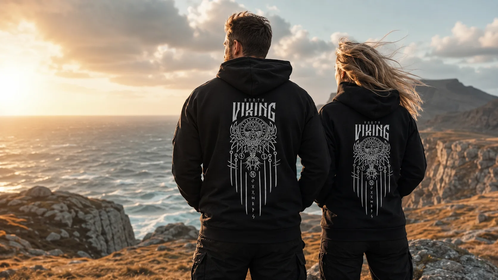 Neun Welten Wikinger Zipper Unisex – runische Karte des nordischen Kosmos als großflächiger Rückendruck im Kreis