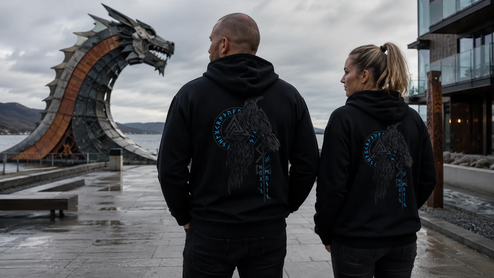 Hugin & Munin Wikinger Zipper Unisex – zwei Raben mit Valknut und Runenkreis als großflächiger Rückendruck