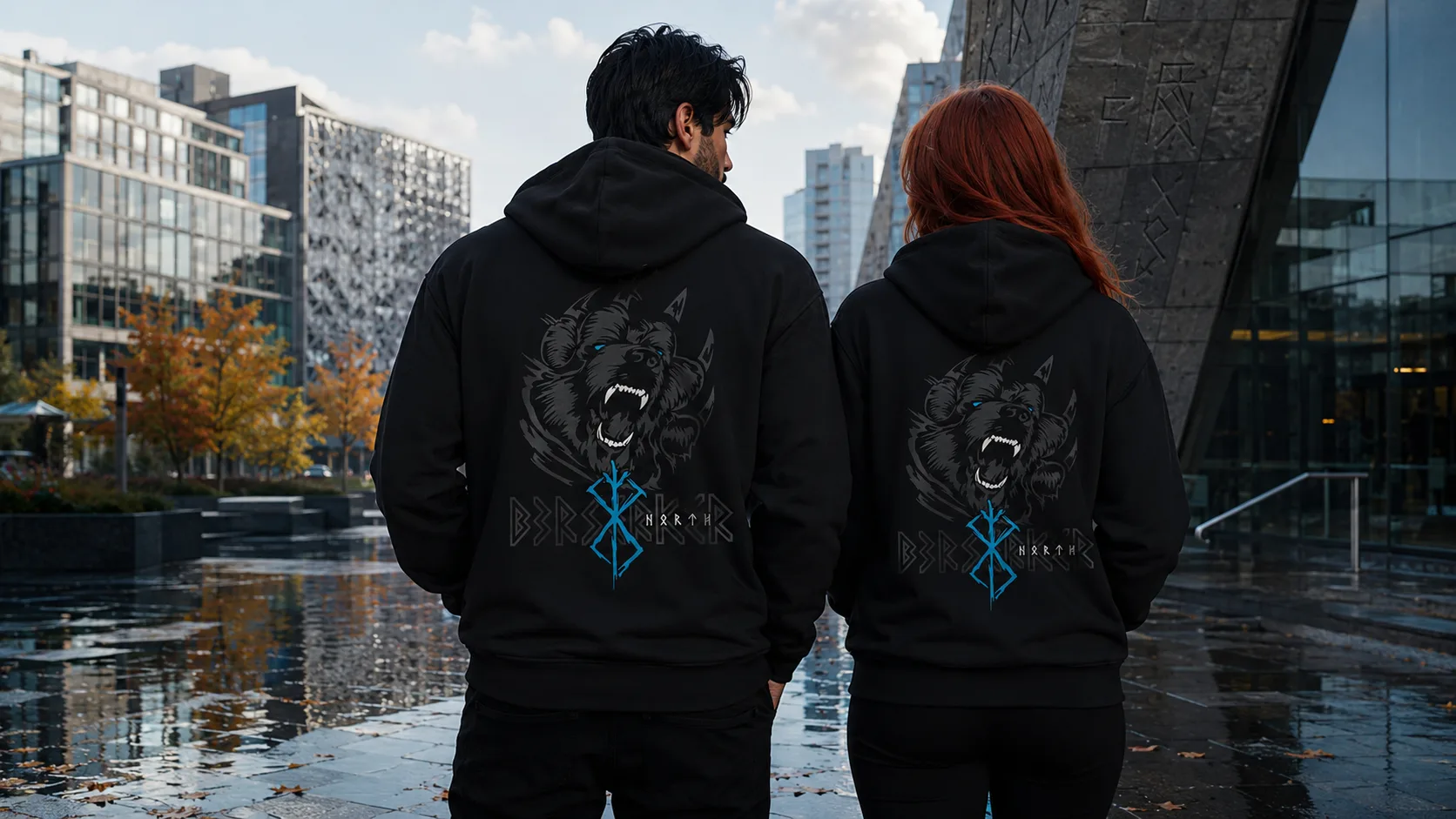 Björn Wikinger Zipper Unisex – weißes Bären-Krafttier mit aufgerissenem Maul als großer Rückendruck auf dunkler Jacke