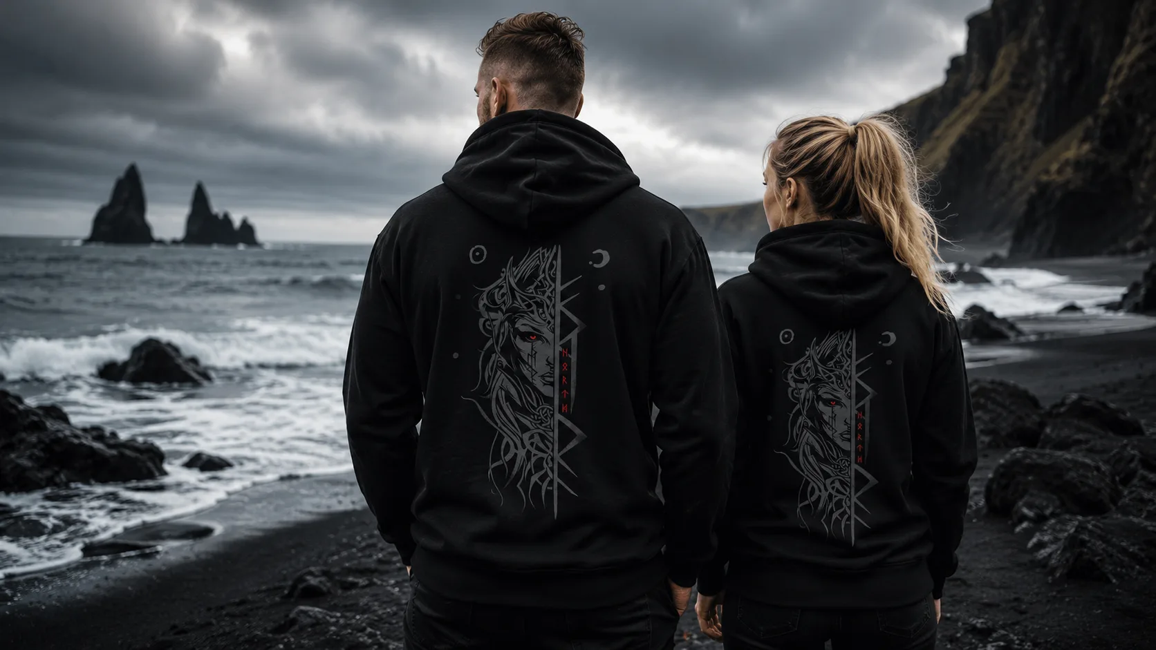 Freya Wikinger Zipper Unisex – zweigeteilte Göttin mit Krone, Brísingamen und Himmelszeichen als großer Rückendruck