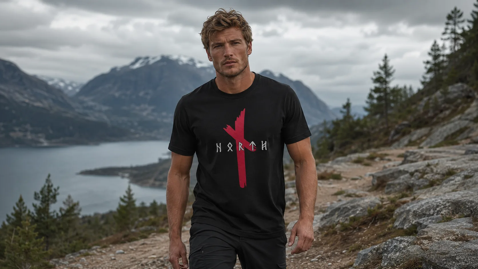 Modell mit North-Rune-T-Shirt vor Fjord-Panorama
