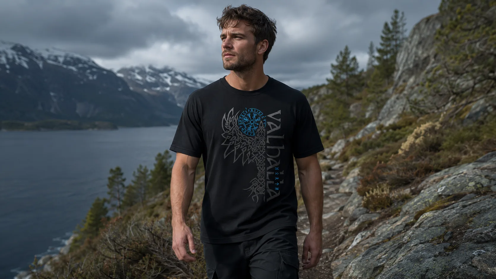 Modell mit Valhalla-Rabe-T-Shirt vor norwegischem Fjord-Panorama