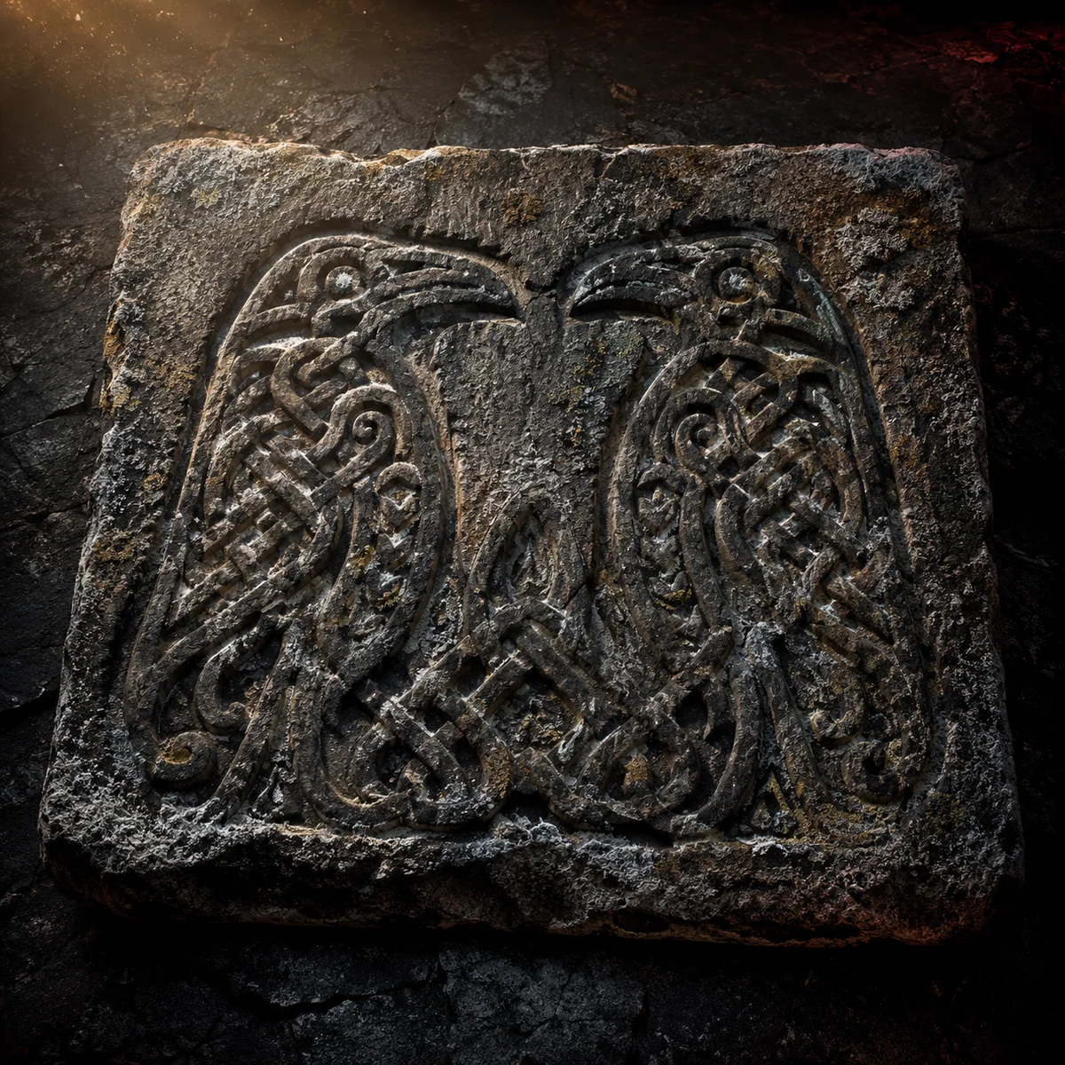 Hugin und Munin – Odins beide Raben als heraldische Steinschnitzerei