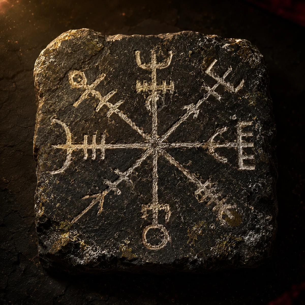 Vegvisir – nordischer Wegweiser, in Stein geschnitzt nach dem Huld-Manuskript