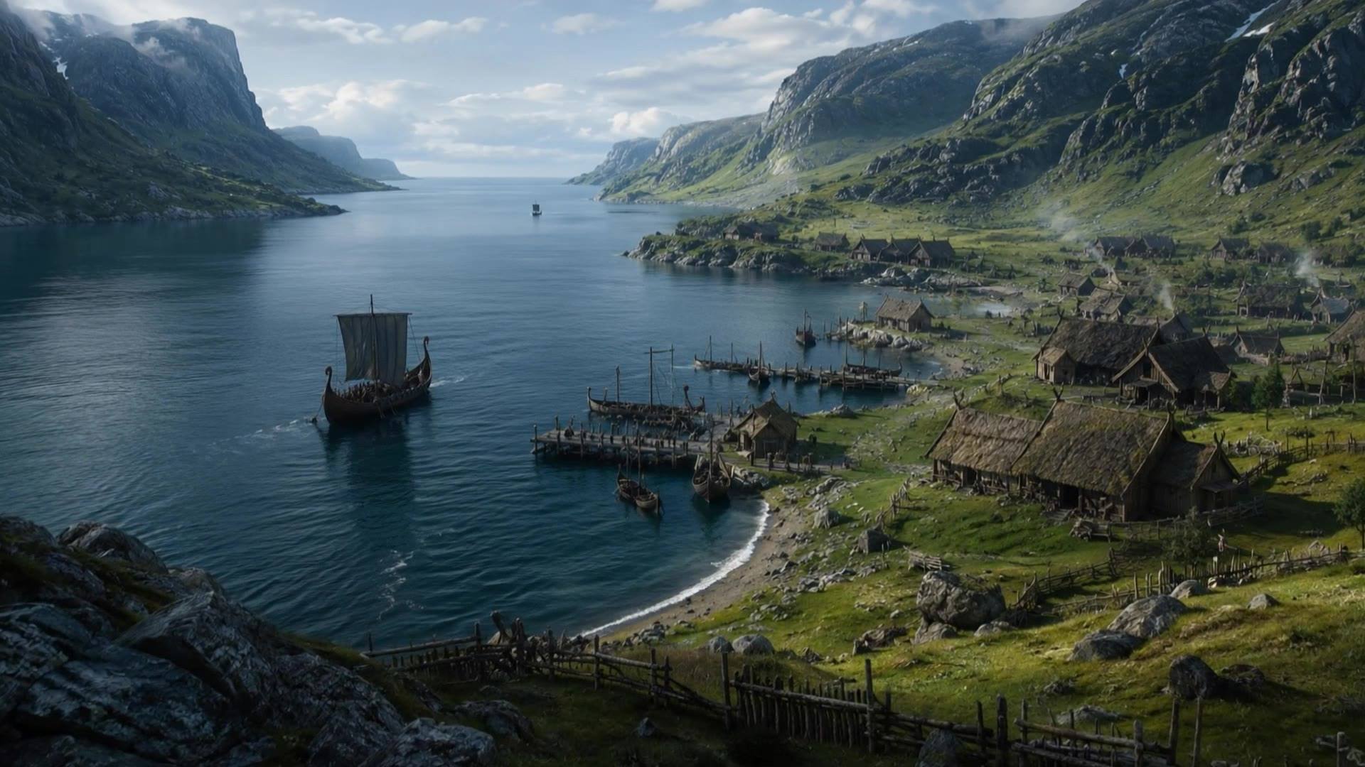 Wikingerdorf an einem Fjord, ein Drachenboot läuft aufs offene Meer hinaus